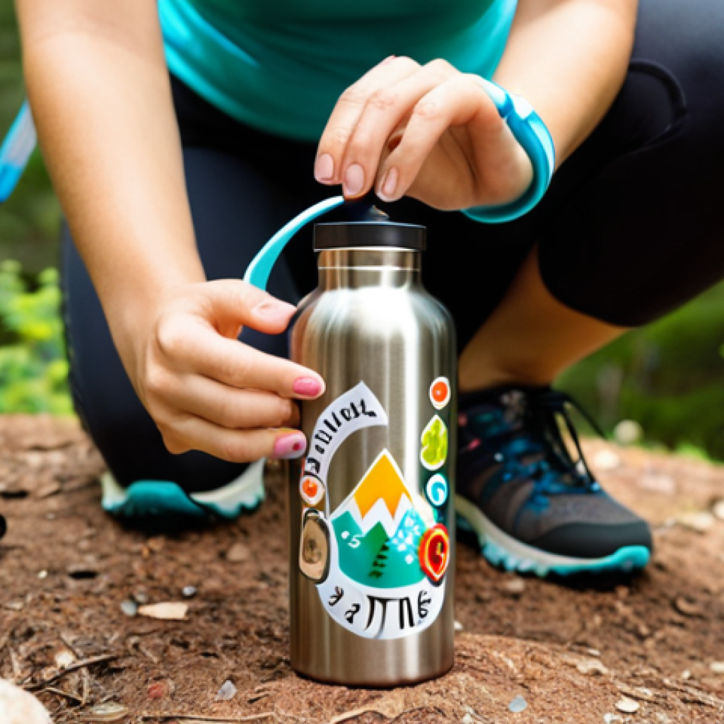 A person happily decorating a stainless steel reusable water bottle with colorful hiking stickers, surrounded by nature, symbolizing the switch from single-use plastics. Focus on the joyful and personalized aspect of using reusable products.