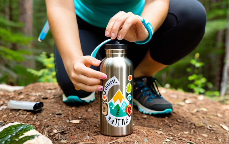 A person happily decorating a stainless steel reusable water bottle with colorful hiking stickers, surrounded by nature, symbolizing the switch from single-use plastics. Focus on the joyful and personalized aspect of using reusable products.