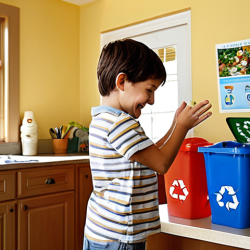 Home 6 **
"A bright, inviting kitchen scene. A young boy, around 6 years old, enthusiastically sorts trash into color-coded recycling bins. His mom smiles encouragingly beside him. Fun, educational posters about recycling are visible on the wall. Sunlight streams in, highlighting the positive atmosphere. Focus on the child's engagement and the family's teamwork. E-E-A-T: Emphasize environmental consciousness and responsible family habits."
**