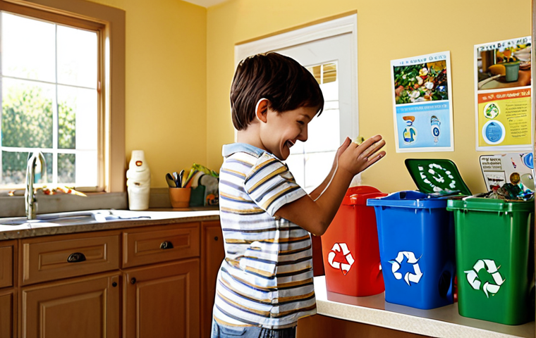 **
"A bright, inviting kitchen scene. A young boy, around 6 years old, enthusiastically sorts trash into color-coded recycling bins. His mom smiles encouragingly beside him. Fun, educational posters about recycling are visible on the wall. Sunlight streams in, highlighting the positive atmosphere. Focus on the child's engagement and the family's teamwork. E-E-A-T: Emphasize environmental consciousness and responsible family habits."
**