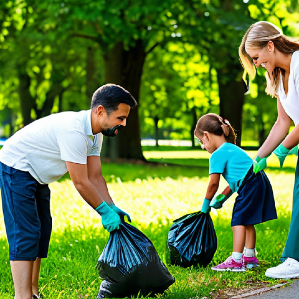 **
"A family fully clothed in outdoor attire, participating in a park cleanup, picking up litter with gloves and bags, sunny day, lush green background, safe for work, appropriate content, perfect anatomy, natural proportions, professional photography, modest dress, family-friendly activity."
**