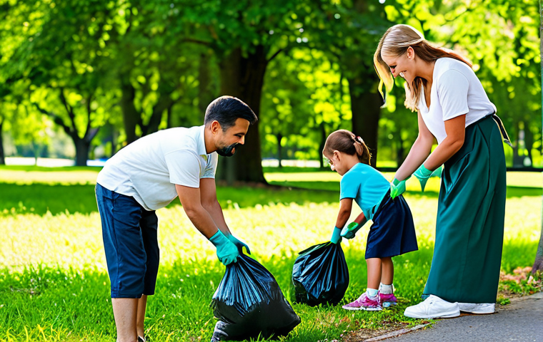 **
"A family fully clothed in outdoor attire, participating in a park cleanup, picking up litter with gloves and bags, sunny day, lush green background, safe for work, appropriate content, perfect anatomy, natural proportions, professional photography, modest dress, family-friendly activity."
**
