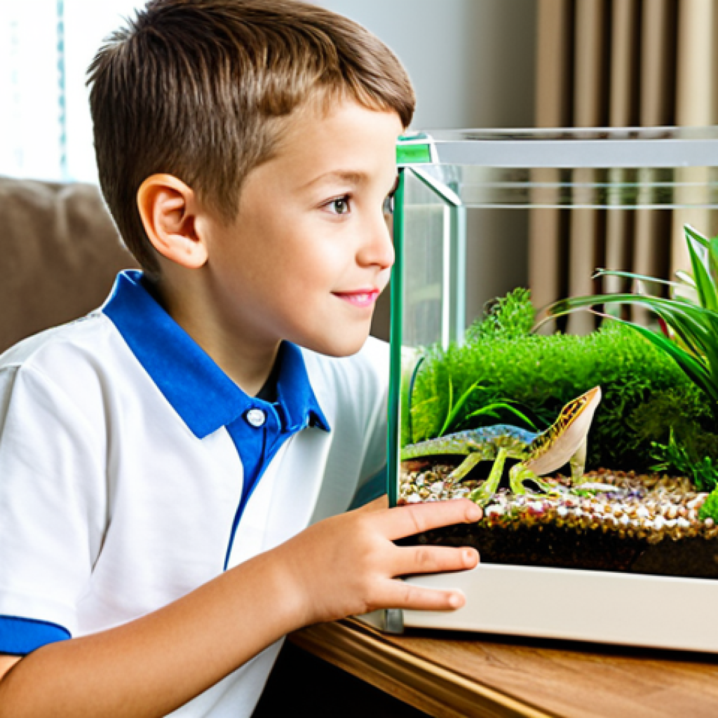 A Child Observing a Naturalistic Terrarium**

"A young, curious child is carefully observing a vibrant, naturalistic terrarium filled with lush green plants and a small gecko. The terrarium is well-lit, showcasing the reptile's habitat. The child is fully clothed in casual, appropriate attire. Background is a brightly lit living room with family-friendly decor. Safe for work, appropriate content, professional quality, perfect anatomy, natural proportions, educational scene, fully clothed, modest."

**