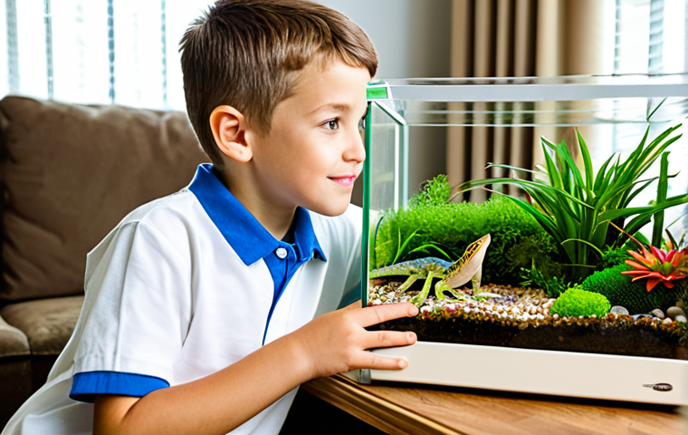 A Child Observing a Naturalistic Terrarium**
"A young, curious child is carefully observing a vibrant, naturalistic terrarium filled with lush green plants and a small gecko. The terrarium is well-lit, showcasing the reptile's habitat. The child is fully clothed in casual, appropriate attire. Background is a brightly lit living room with family-friendly decor. Safe for work, appropriate content, professional quality, perfect anatomy, natural proportions, educational scene, fully clothed, modest."
**