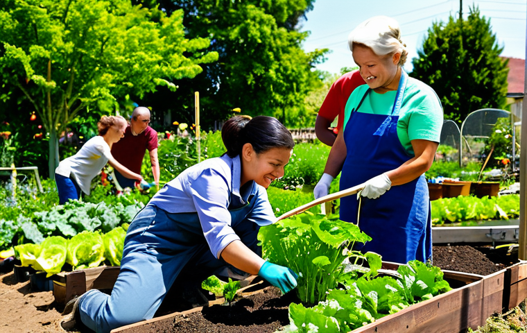 Community Garden Success**
A diverse group of people, fully clothed in gardening attire, working together in a flourishing community garden filled with vegetables and flowers, appropriate content, safe for work, perfect anatomy, natural proportions, vibrant colors, sunny day, professional photography, high quality, modest clothing, family-friendly scene.
**