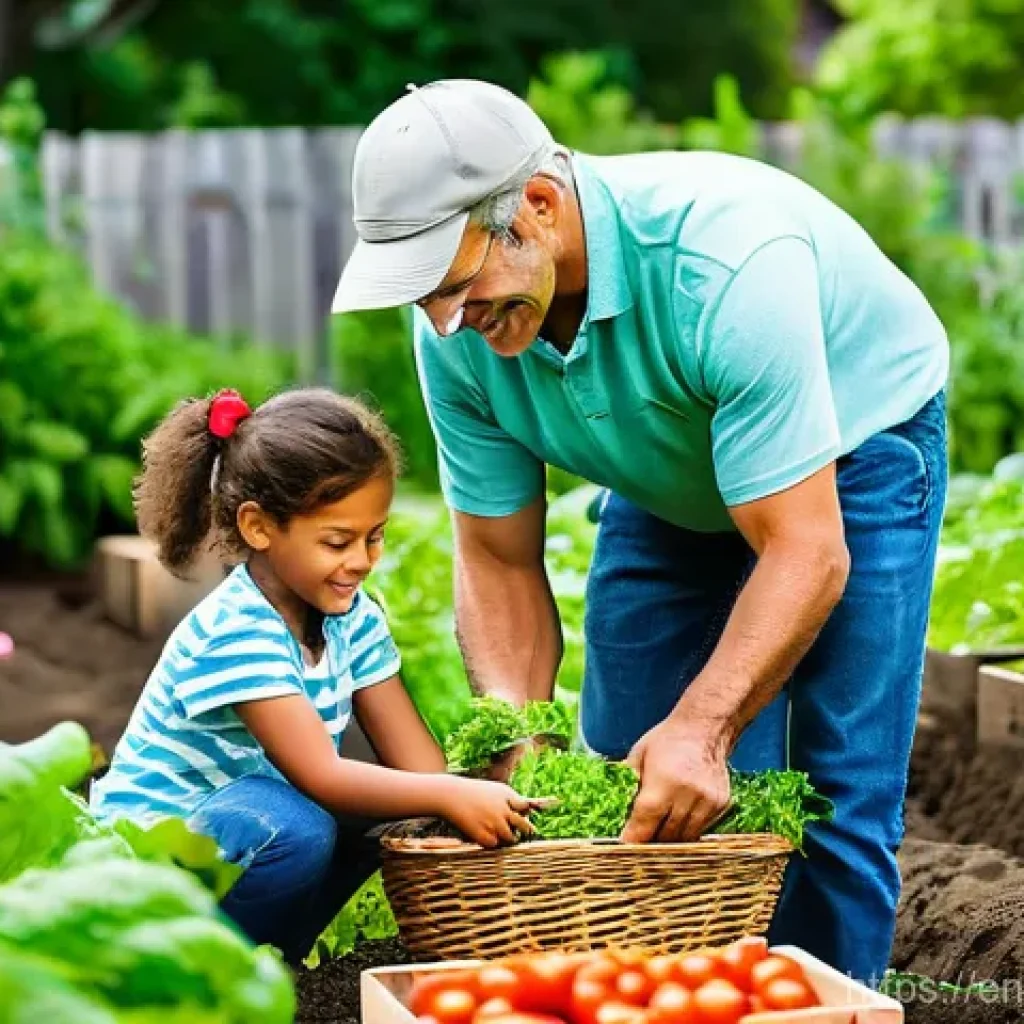 가족과 함께 하는 생태계 회복 활동 - **A Vibrant Community Garden Harvest:** A diverse and happy family, consisting of a mother, father, ...