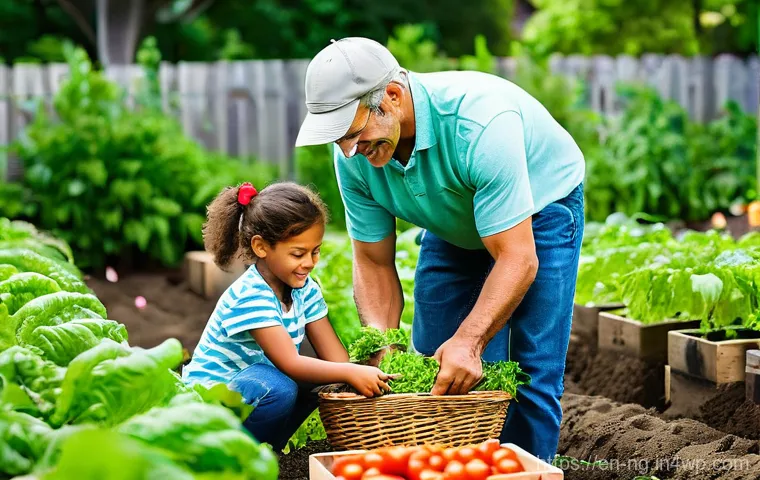 가족과 함께 하는 생태계 회복 활동 - **A Vibrant Community Garden Harvest:** A diverse and happy family, consisting of a mother, father, ...