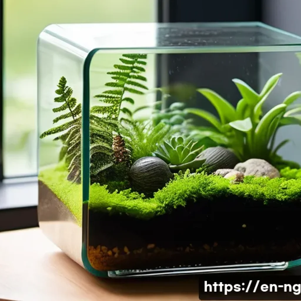 가정에서 시작하는 작은 생태계 만들기 - A clear glass terrarium placed on a wooden desk, featuring lush green moss carpets, small succulents...