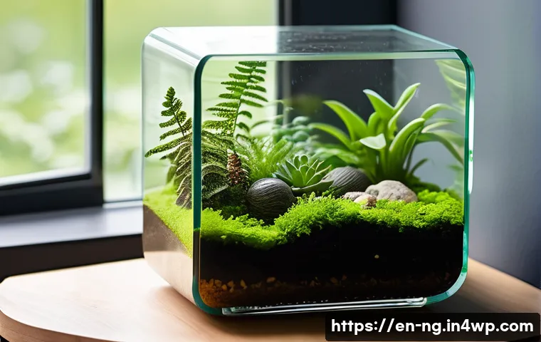 가정에서 시작하는 작은 생태계 만들기 - A clear glass terrarium placed on a wooden desk, featuring lush green moss carpets, small succulents...