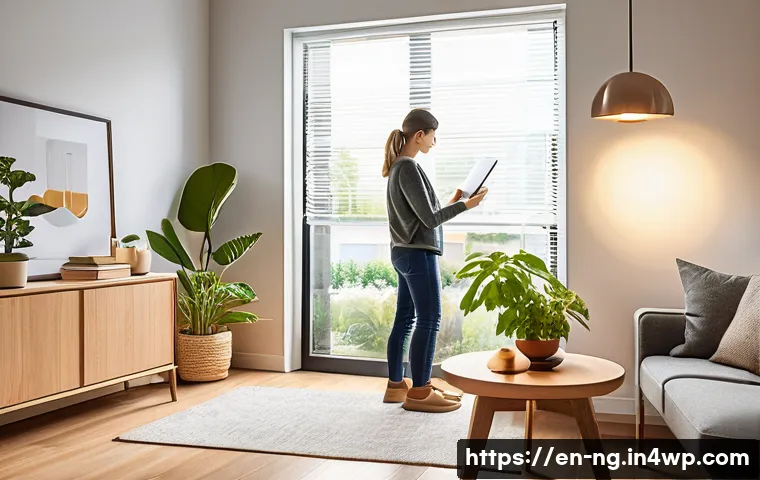 환경 보호를 위한 가정의 작은 변화 - A cozy, modern living room illuminated by warm LED lighting, showcasing sleek LED bulbs in stylish f...