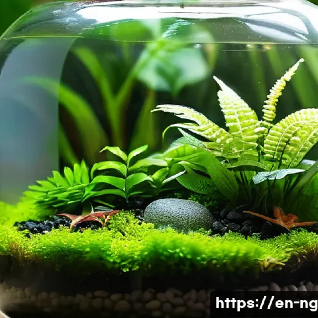 가정에서 할 수 있는 작은 생태계 프로젝트 - A beautifully arranged closed glass terrarium featuring lush tropical plants like Fittonia and ferns...