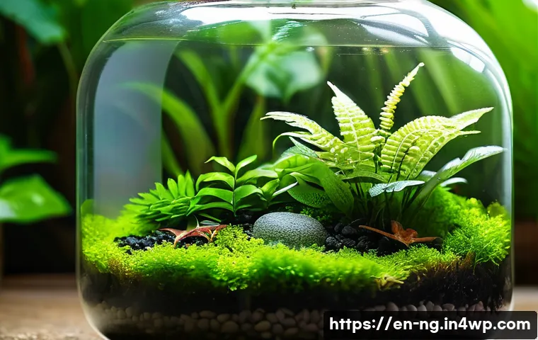 가정에서 할 수 있는 작은 생태계 프로젝트 - A beautifully arranged closed glass terrarium featuring lush tropical plants like Fittonia and ferns...