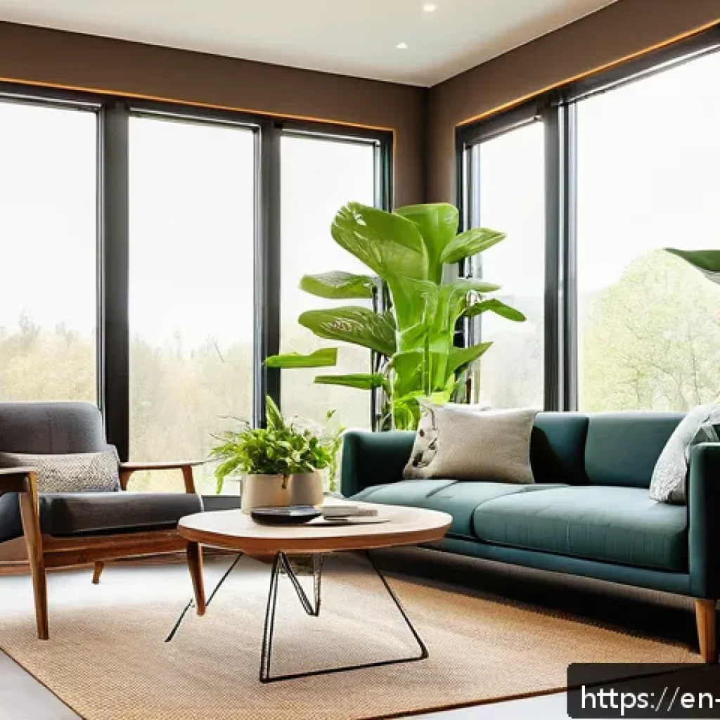 자연 친화적인 가정으로 나아가는 방법 - A cozy modern living room featuring a sleek smart thermostat mounted on a wall beside large windows,...
