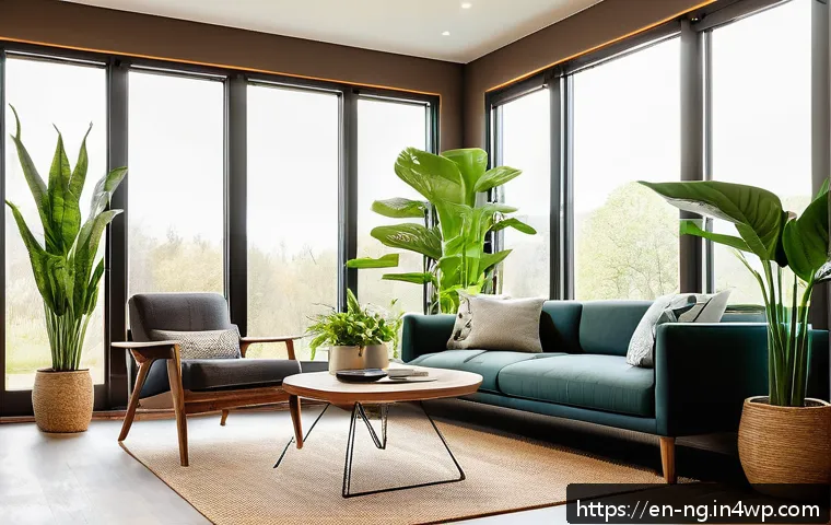 자연 친화적인 가정으로 나아가는 방법 - A cozy modern living room featuring a sleek smart thermostat mounted on a wall beside large windows,...
