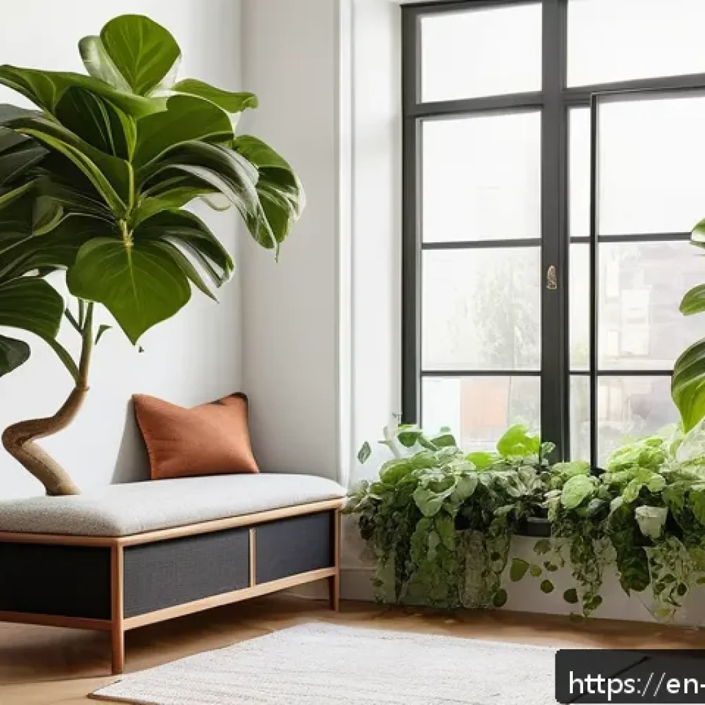 가정에서의 생태계 회복을 위한 실천 아이디어 - A cozy modern living room corner bathed in soft, bright indirect sunlight from a large window. Cente...