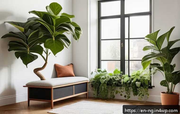 가정에서의 생태계 회복을 위한 실천 아이디어 - A cozy modern living room corner bathed in soft, bright indirect sunlight from a large window. Cente...