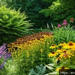 Home 22 정원 가꾸기로 생태계에 기여하기 - A vibrant wildlife-friendly garden scene featuring a variety of native plants such as coneflowers, b...