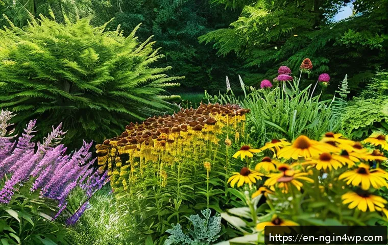 정원 가꾸기로 생태계에 기여하기 - A vibrant wildlife-friendly garden scene featuring a variety of native plants such as coneflowers, b...