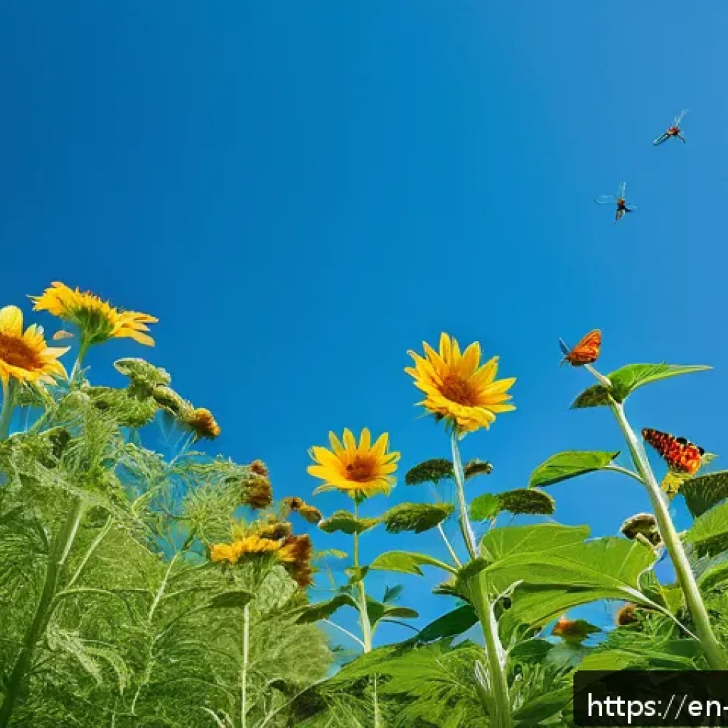 정원에서의 곤충 생태계 이해하기 - A vibrant garden scene during daytime showcasing a variety of flowering plants like sunflowers, cosm...