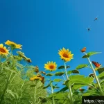 Home 21 정원에서의 곤충 생태계 이해하기 - A vibrant garden scene during daytime showcasing a variety of flowering plants like sunflowers, cosm...