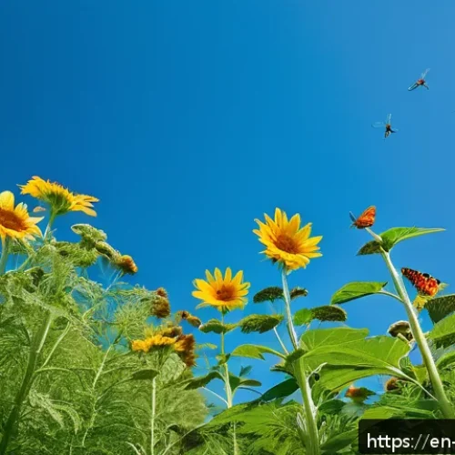 Home 33 정원에서의 곤충 생태계 이해하기 - A vibrant garden scene during daytime showcasing a variety of flowering plants like sunflowers, cosm...