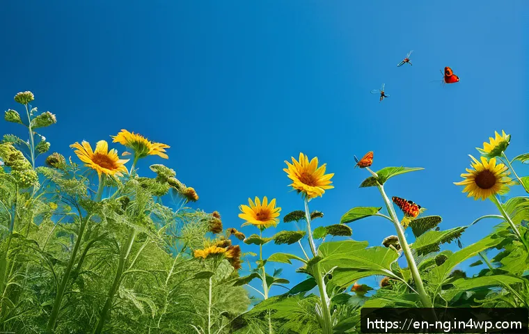 정원에서의 곤충 생태계 이해하기 - A vibrant garden scene during daytime showcasing a variety of flowering plants like sunflowers, cosm...