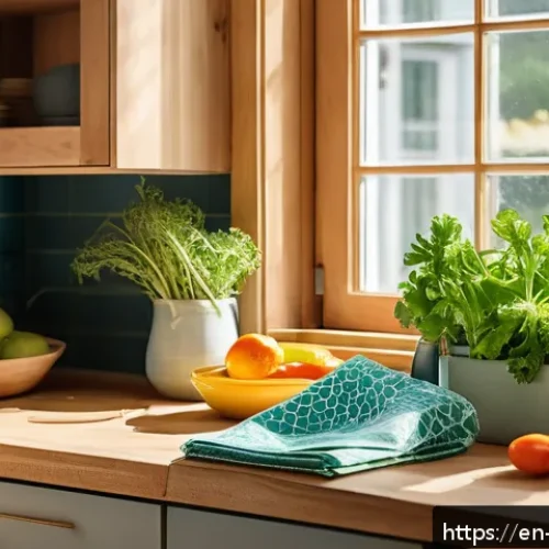 Home 32 가정에서 실천하는 에코 프렌들리 습관 - A bright, modern kitchen scene featuring eco-friendly reusable items: beeswax wraps covering fresh p...