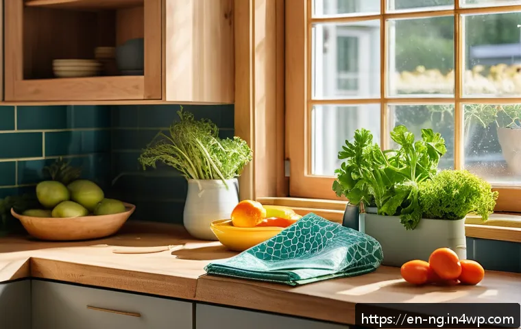 가정에서 실천하는 에코 프렌들리 습관 - A bright, modern kitchen scene featuring eco-friendly reusable items: beeswax wraps covering fresh p...