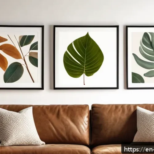 Home 31 가정에서 자연을 주제로 한 미술 프로젝트 - A cozy living room scene featuring vibrant leaf prints on white paper framed and hung on a neutral w...