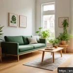 Home 18 환경 보호 캠페인에 참여하는 방법 - A cozy, sunlit living room featuring a modern minimalist design with natural wood furniture, lush gr...