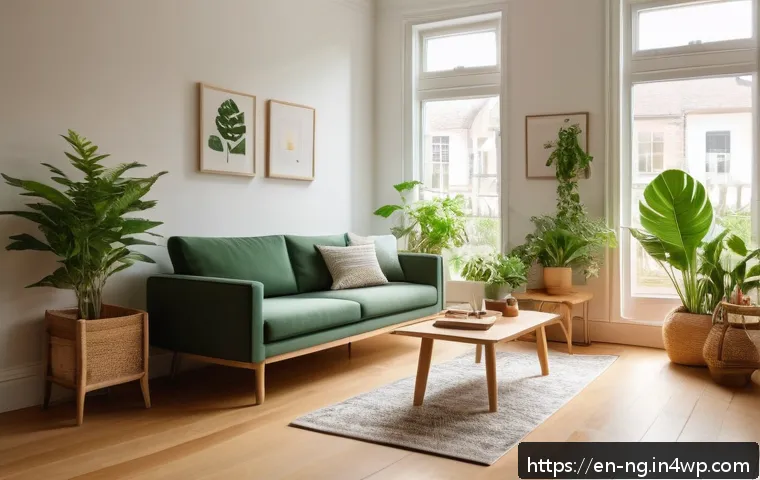 환경 보호 캠페인에 참여하는 방법 - A cozy, sunlit living room featuring a modern minimalist design with natural wood furniture, lush gr...