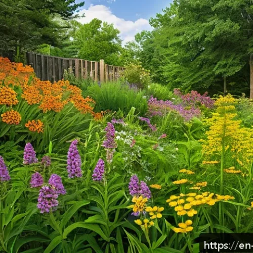 Home 17 가정에서 할 수 있는 생태계 복원 방법 - A vibrant native plant garden in a temperate backyard during late spring, featuring coneflowers, mil...