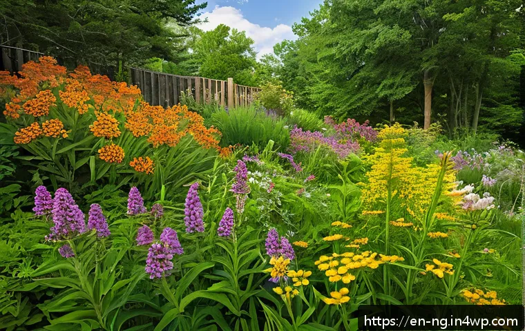 가정에서 할 수 있는 생태계 복원 방법 - A vibrant native plant garden in a temperate backyard during late spring, featuring coneflowers, mil...