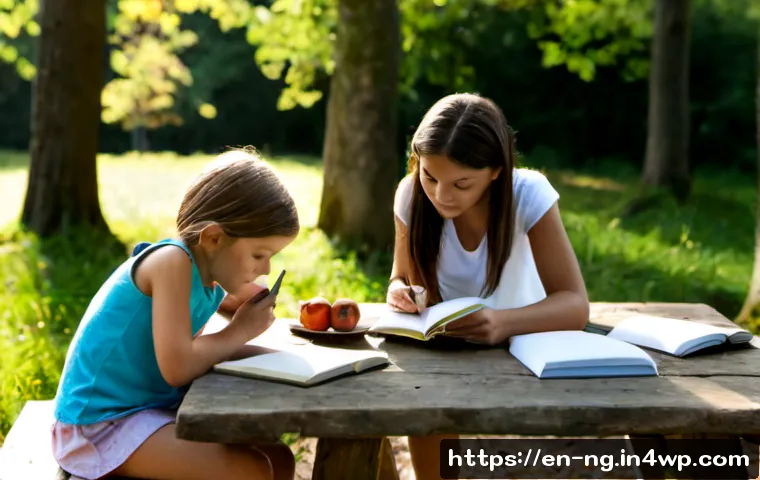 Home 13 가족과 함께하는 자연 관찰 일지 만들기 - Photorealistic family nature observation activity in a sunny suburban woodland, two parents and two ...