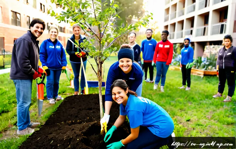 도시에서의 자연 회복을 위한 참여 방법 - Photorealistic community tree-planting event in a sunny American city park, diverse adult volunteers...