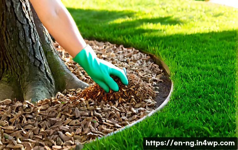 가정에서 나무를 보호하는 방법 - Photorealistic suburban backyard scene, a homeowner wearing gardening gloves carefully spreading a t...