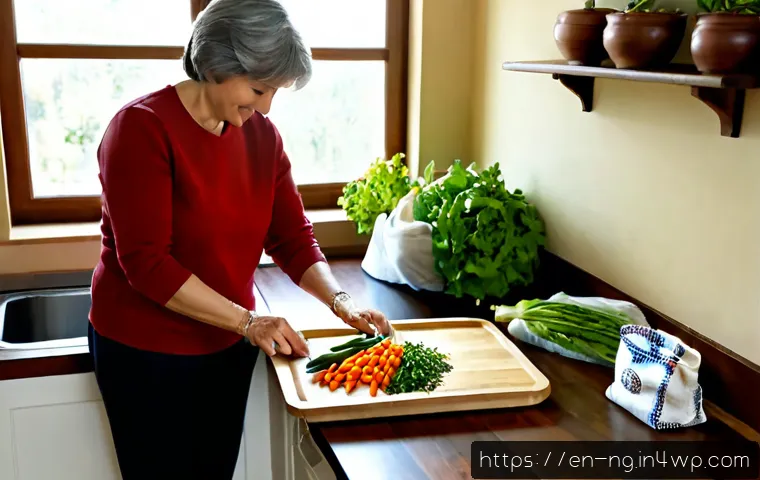 가정에서 실천할 수 있는 친환경 식습관 - Photorealistic sunlit home kitchen, a middle-aged woman preparing a colorful plant-forward lunch wit...